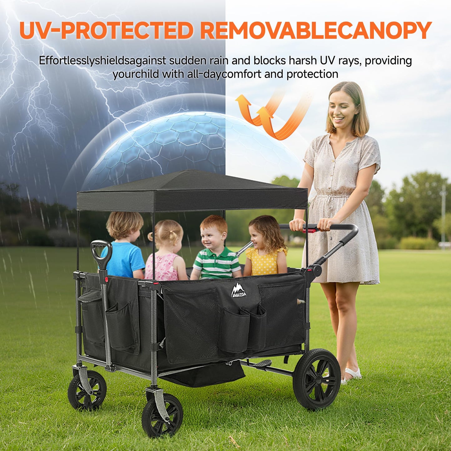 MAIZOA 4 Seater Foldable Wagon Stroller & Cargo,with 5-Point Harnesses,Adjustable Push/Pull Handle, Removable Sun Canopy, One-Step Locking Design, Suitable for Family Travel, 4 Children Ride, Gift