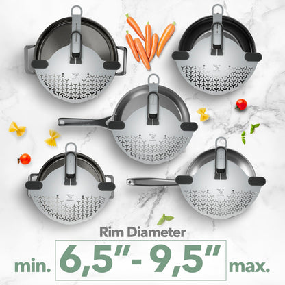 Kitchen Strainer & Pot Drainer Clip-On Stainless Steel Colander for Pots & Pans (6.5-9.5 in / 16-24 cm) | Universal Fit Pasta & Noodle Strainer | Hands-Free Swiss Design, Dishwasher-Safe
