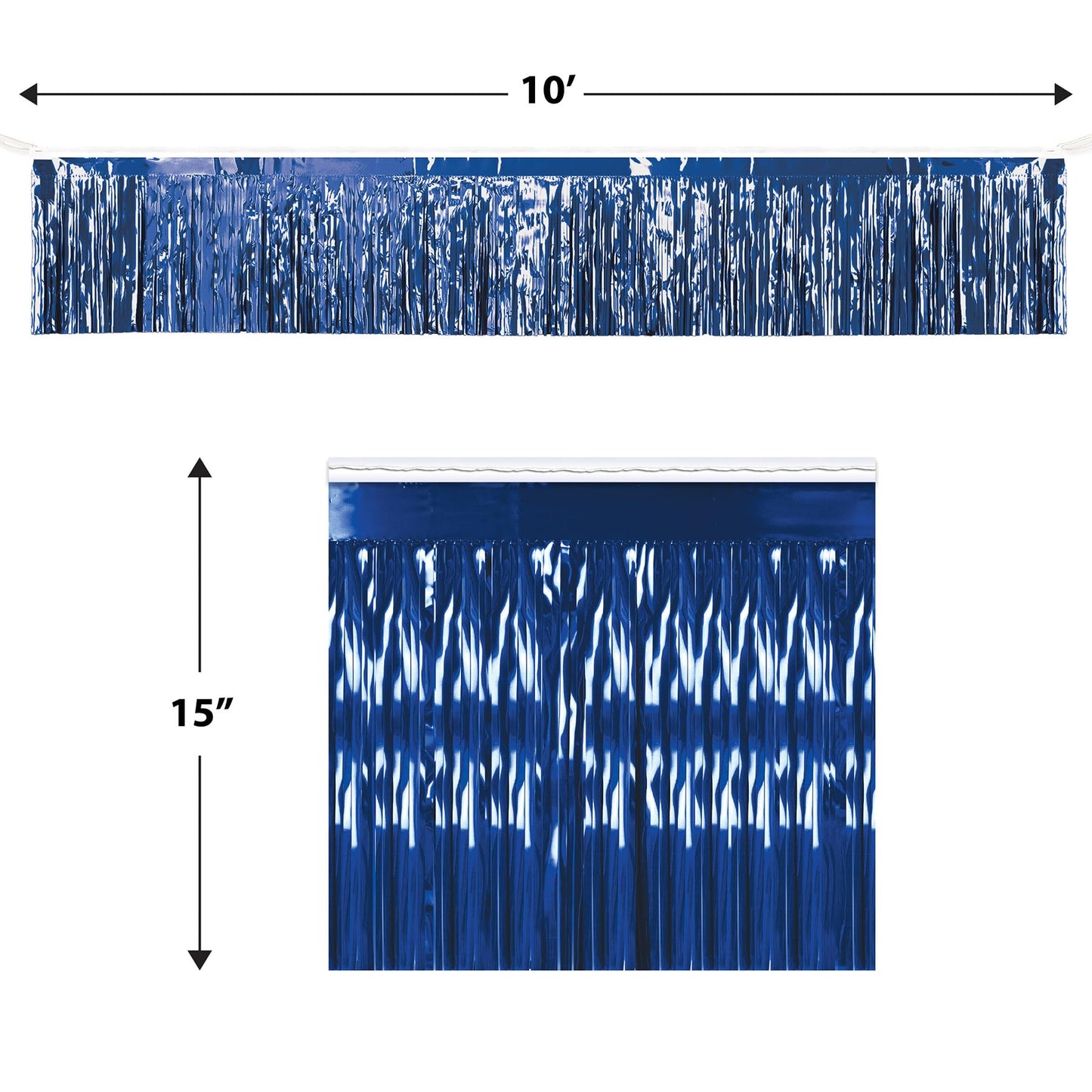 Beistle Metallic Fringe Drape Hanging Curtain, Party Supplies for Walls and Tables, Great for Baby Showers, Game Day, Graduation and Birthday Parties, 15" x 120", Blue