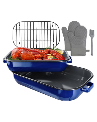 MCCSI Casserole Dishes for Oven Lasagna Pan 6-Piece Set with Handle & Rack 14&17 Inch Large Baking Deep Enamel Roasting Pan, Heat Resistance Dishwasher Safe Non-Stick Bakeware Mothers Day Wedding Gift