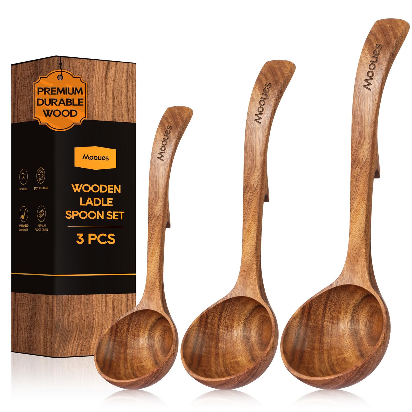Wooden Ladle for Soup, 3 Size Teak Wood Ladle Spoon with Back Hooks, Heat Resistant Wooden Spoons for Cooking, Non-Stick, Comfortable Grip, Wood Kitchen Utensils Set for Serving, Stirring