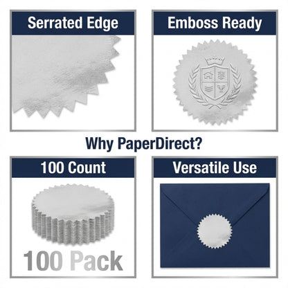 PaperDirect Silver Foil Certificate Seals, 2" Self‑Adhesive Scalloped Stickers, 100‑Pack for Awards, School Certificates, Workplace Recognition, Diplomas & Official Documents
