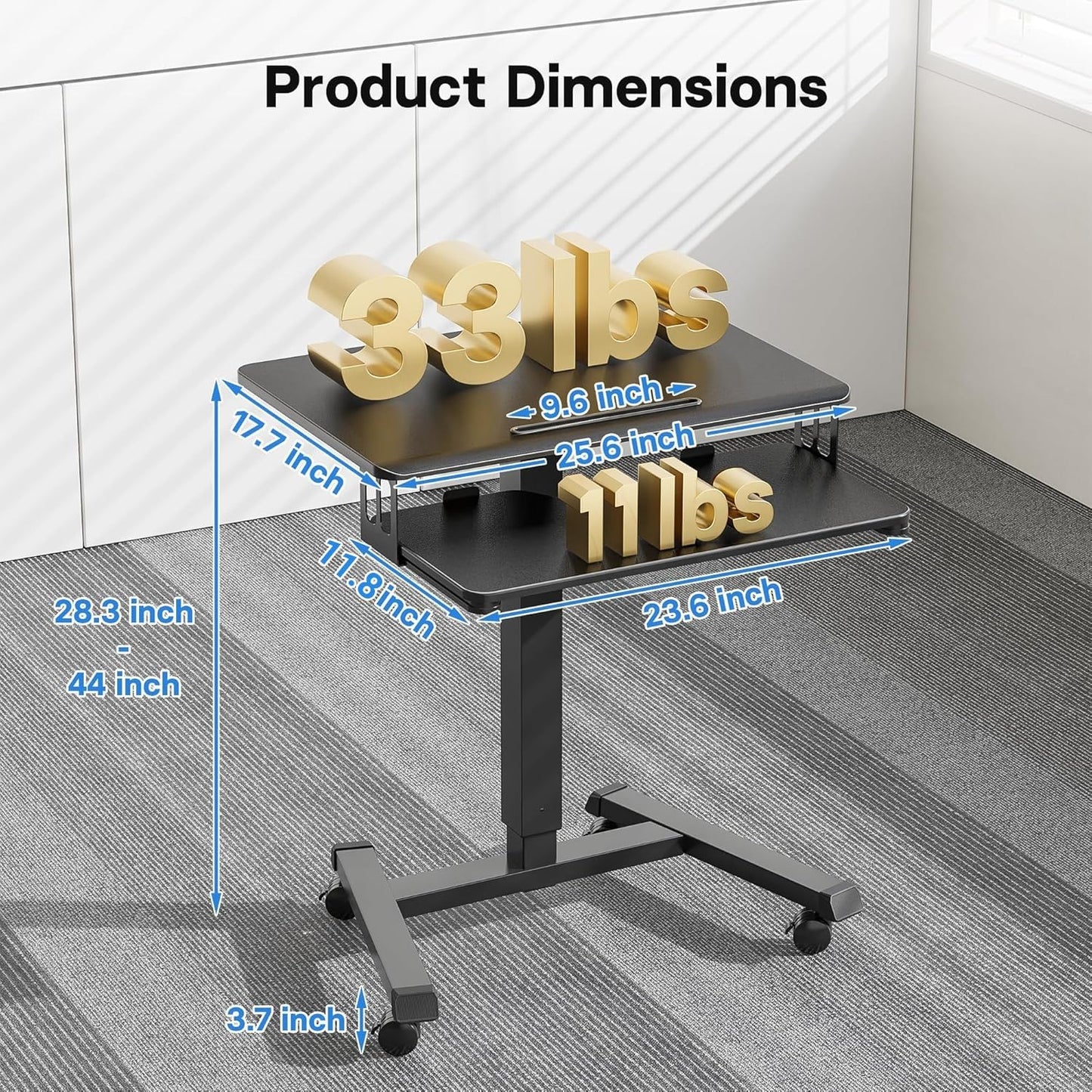 BONTEC Mobile Standing Desk with Keyboard Tray, Mobile Podium, Rolling Laptop Sit Stand Desk on Wheels, Adjustable Height Desk Up to 33lbs, Portable Computer Workstation Cart for Living Room, Office