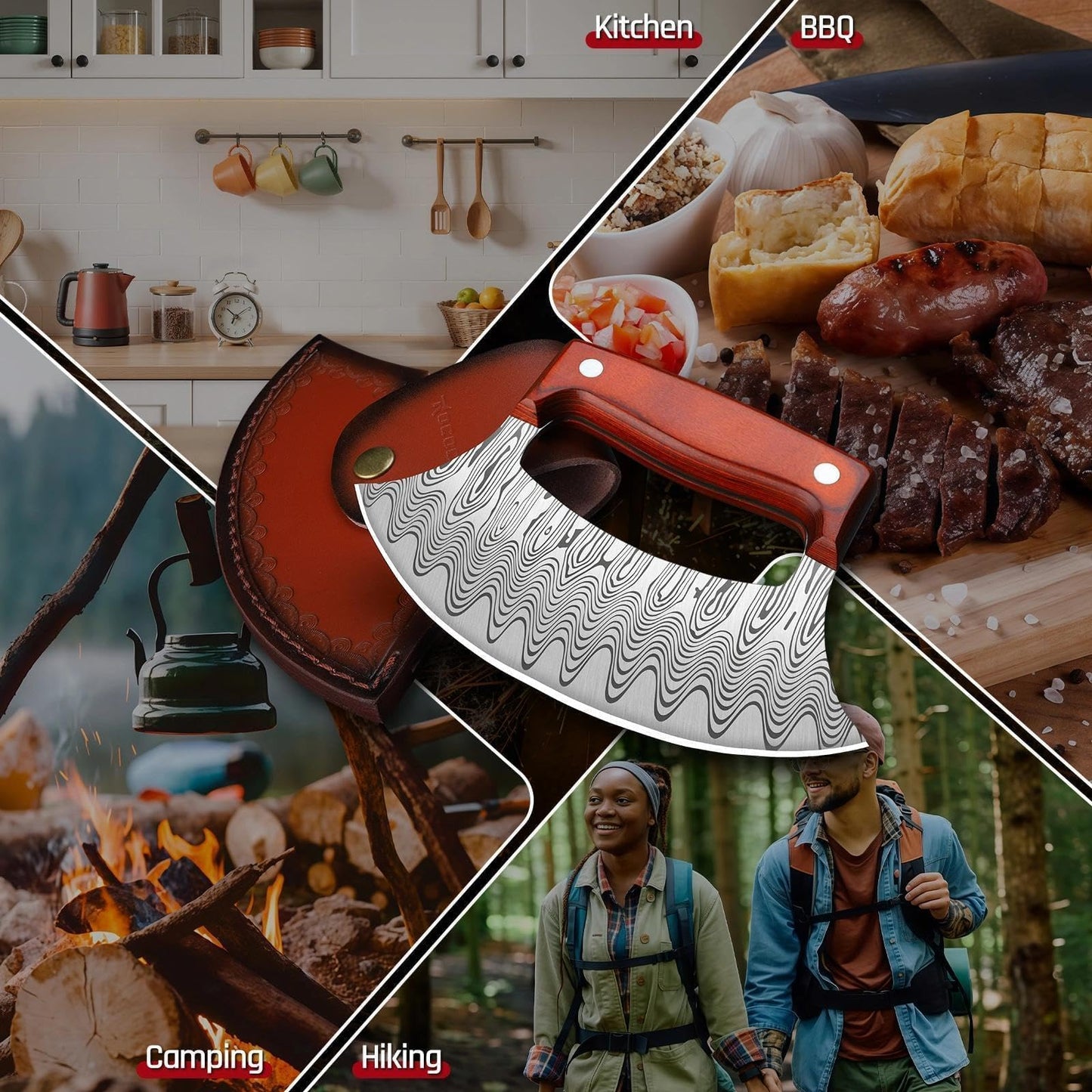 ROCOCO Pizza Cutter Ulu Knife – Full Tang Mezzaluna Rocker Chopper with Sheath for Kitchen, Camping, BBQ, Gifts for Men Women