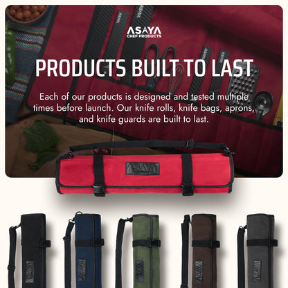 Asaya Waxed Canvas Chef Knife Roll Bag with 10 Slots and a Zipper Pocket - Professional Chef Knife Bag & Storage Case, with Shoulder Strap - Knives Not Included (Red)