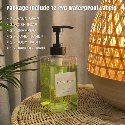 Skiennix Clear Soap Dispenser - Waterproof Labels & Thickened Plastic | 15oz 2-Pack for Kitchen & Bathroom