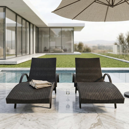 Sereniet 80.3" Outdoor Wicker Chaise Lounge Set of 2, with Pull-Out Side Table, Adjustable Pool Lounge Chairs, Patio Loungers for Balcony, Deck, or Backyard (Black)