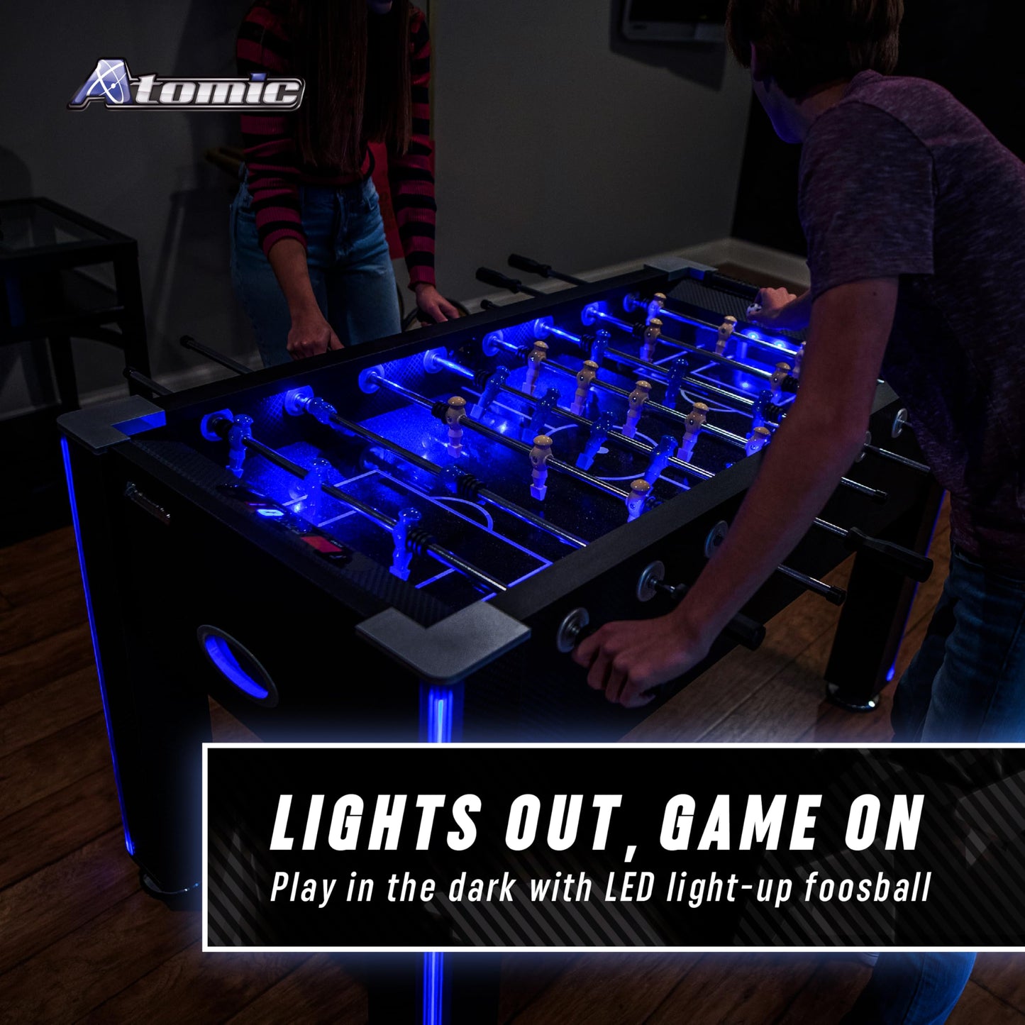 Atomic Azure LED Foosball Table – Light Up Arcade Style Table with In-Rail LED Lighting, Music, Electronic Scoring, Glow Foosball, 47” x 27” Playfield