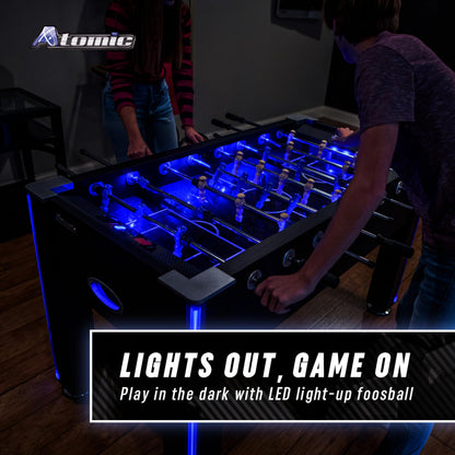 Atomic Azure LED Foosball Table – Light Up Arcade Style Table with In-Rail LED Lighting, Music, Electronic Scoring, Glow Foosball, 47” x 27” Playfield