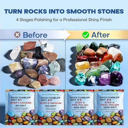 Rock Tumbler Grit and Polish Refill Kit - 4 Bags Abrasive Grit, 4-Step Rock Polishing Refill Set, Compatible with National Geograpic, Komestone, Koolstone and Other Brand Tumbler