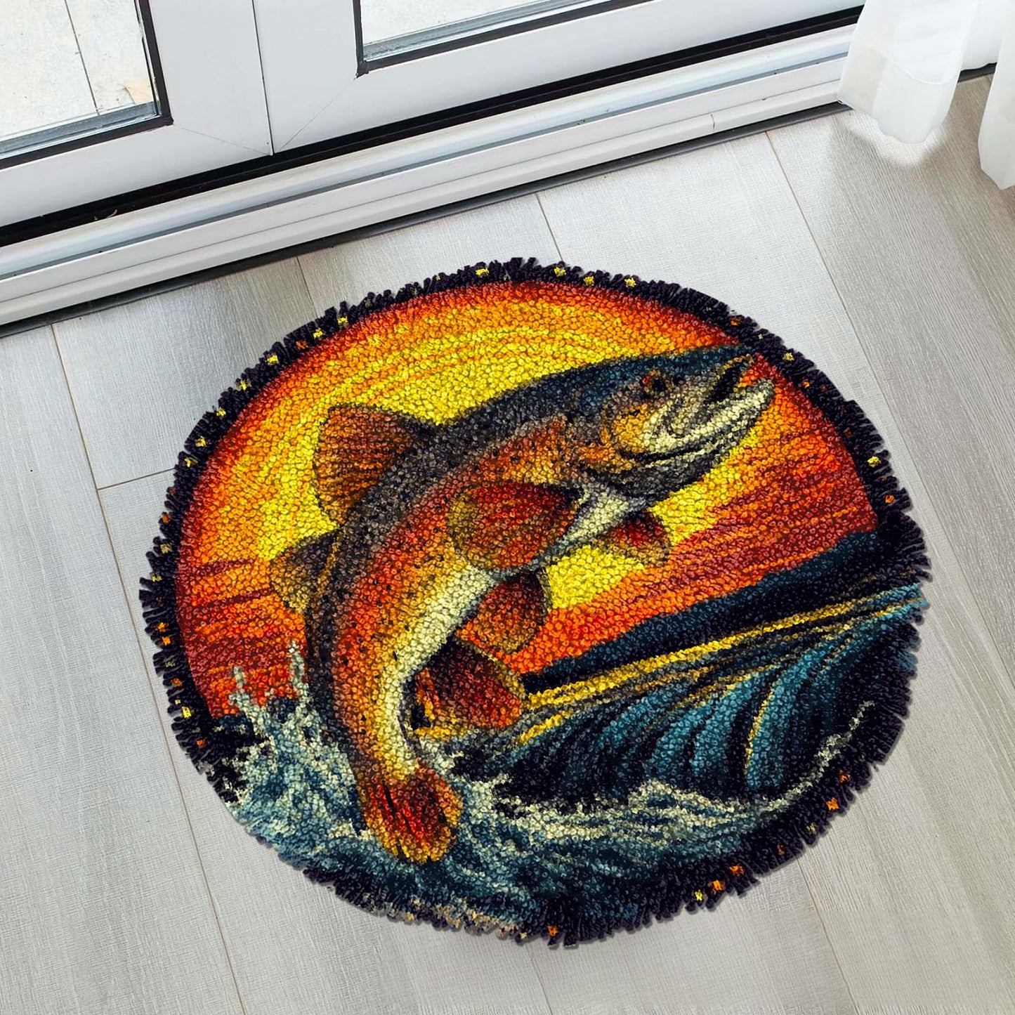 Latch Hook Rug Kit for Adults Trout Fish Jumping Out River and SunsetStamped Handmade Round Shape Carpet Crochet Yarn Craft DIY Hook and Latch Door Mat Tapestry for Home Floor Decor 50x50cm(6)