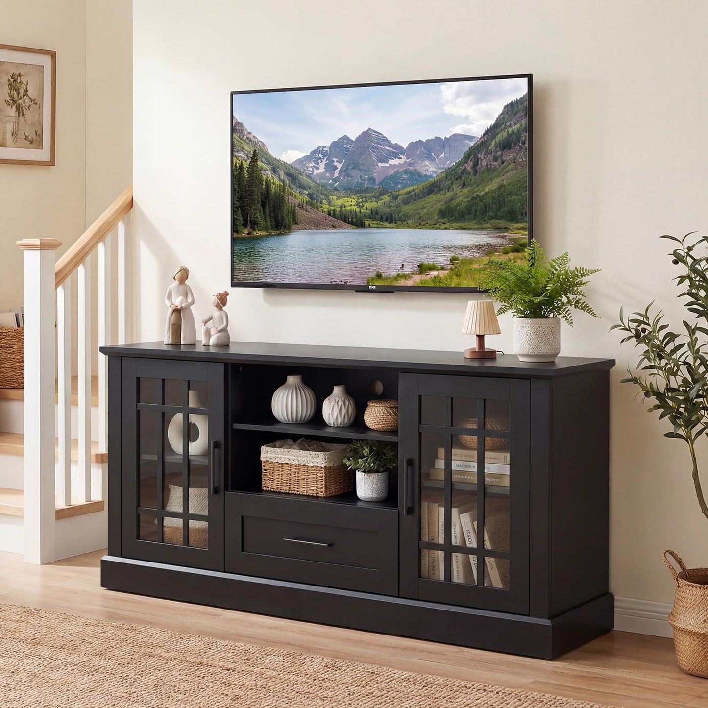 Tangkula Farmhouse TV Stand for TV up to 65 70 Inches, Tall Media Console Table with 2 Glass Storage Cabinets, 1 Drawer & 2 Open Shelves, Wooden Entertainment Center for Living Room (Black)