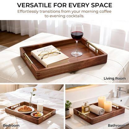ZENPTIA Acacia Wood Serving Tray with 2 Sets of Handles (Gold & Silver) - 17" Large Wooden Tray for Ottoman Coffee Table, Decorative Tray for Living Room & Kitchen - Solid Wood Table Topper