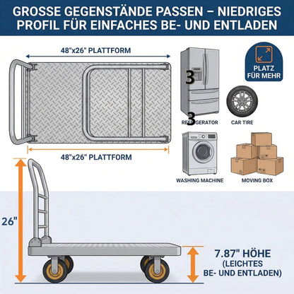 48" x 26" 2-in-1 Platform Truck Cart, 3650lbs Heavy Duty Flatbed Cart Dolly with Wheels, Industrial Cold Rolled Steel Push Cart for Warehouse & Moving, Includes 2 Pairs Gloves & Bungee Cord