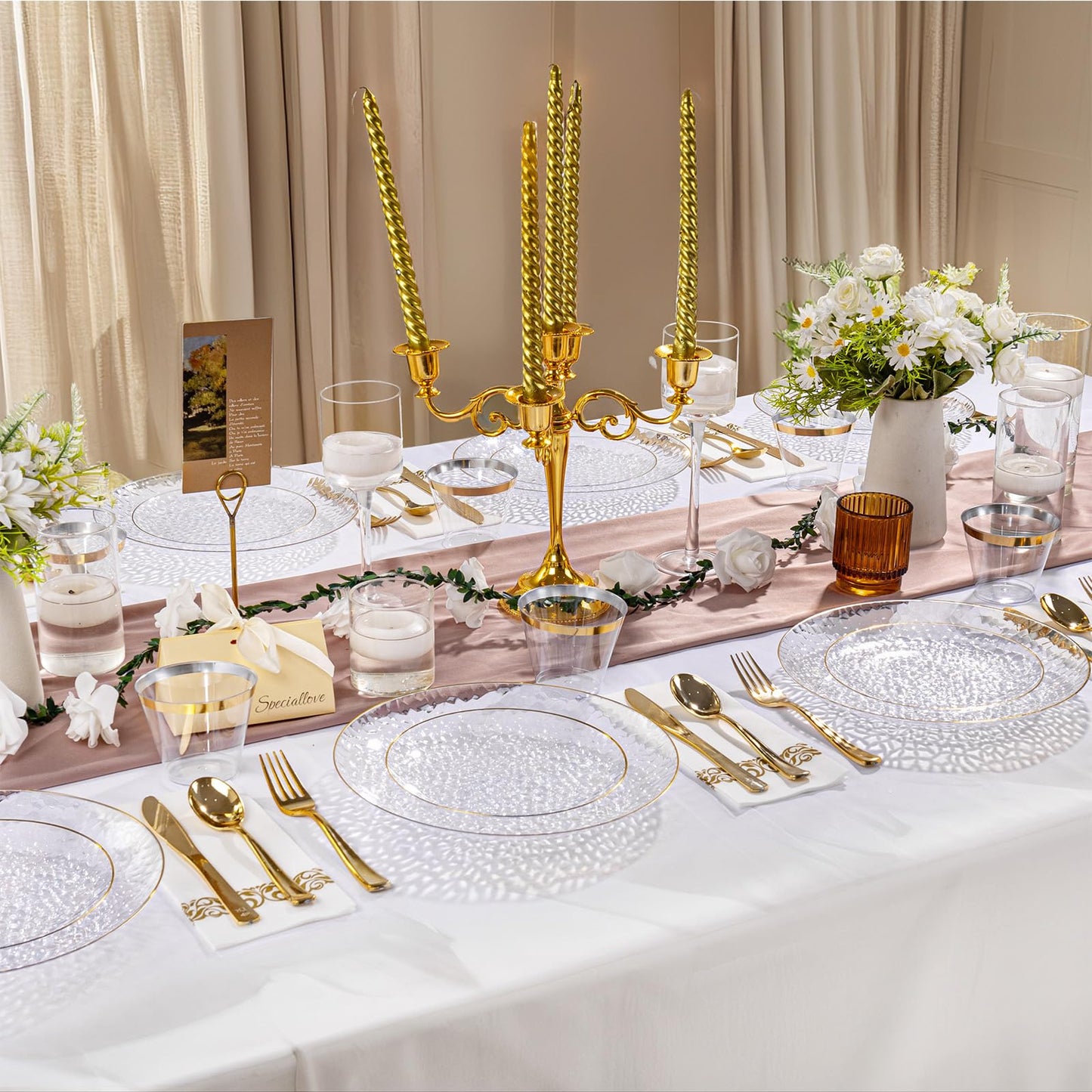 DaYammi 100 Pcs Clear Gold Plastic Plates, Hammered Party Plate, Fancy Plastic Plates Disposable Clear Disposable Dessert Platos, 7 Inch Heavy duty Plastic Dessert Platos for Party & Wedding