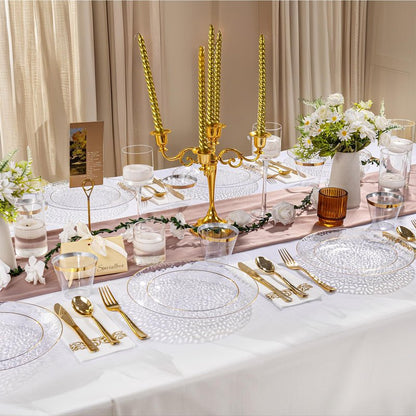 DaYammi 175PCS Clear Gold Plastic Dinnerware Set, Plastic Plates Disposable Hammered Disposable Plates for Party, Include: 25 Dinner Plates 25 Dessert Plates 75 Gold Silverware 25 Napkins 25 Cups