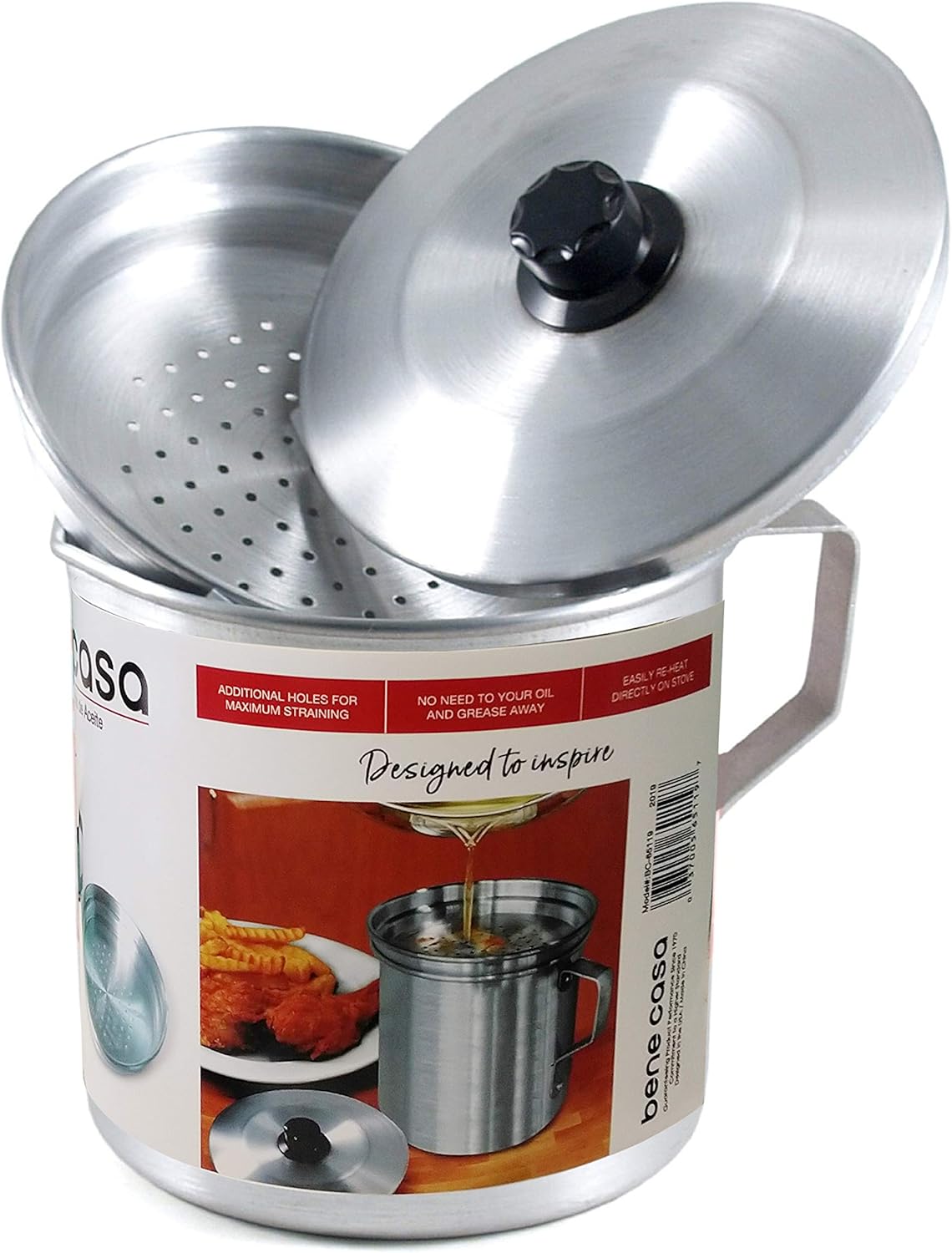 Bene Casa Fine Filter Aluminum Oil Strainer and Dispenser (1 Quart), Dishwasher Safe with Stay-tight Lid