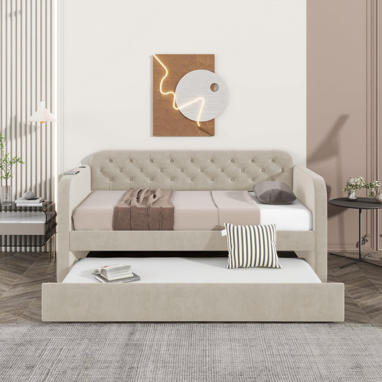 KEIKI Twin Upholstered Daybed with Trundle & USB Charging, Plush Velvet Button-Tufted Headboard Twin Bed Frame with Wood Slats, Sofa Bed for Living Room or Bedroom, Light Beige