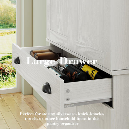 IRONCK Kitchen Pantry Cabinet 72" Height, Freestanding Cupboard with Drawer, Sliding Storage Rack, and 6 Hanging Shelves for Dining Room, Laundry, White