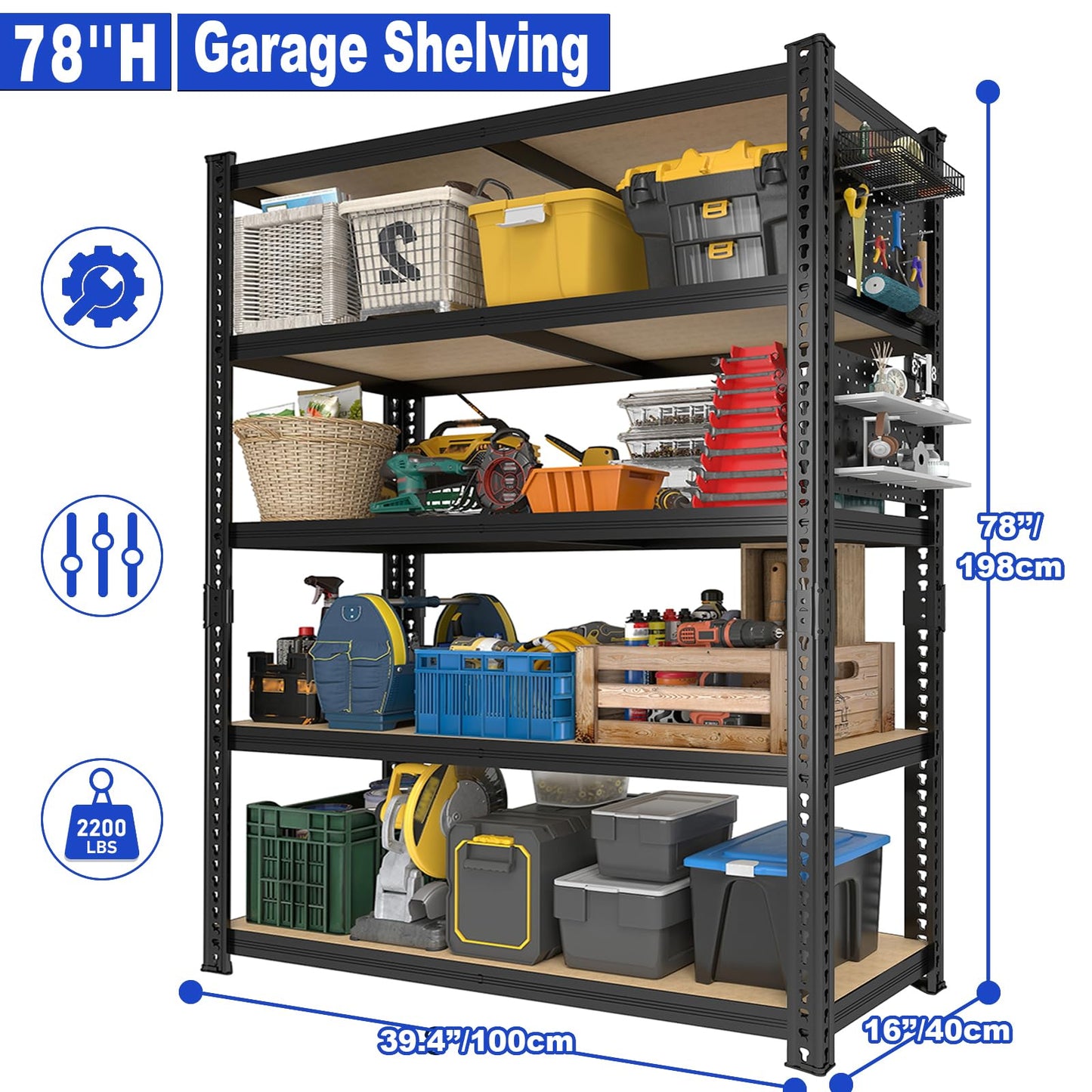 ZEUKMXOO 40''W Garage Storage Shelves, Storage Racks Shelving Units, Storage Shelves Heavy Duty, Adjustable Metal Shelves with 2 Pegboards for Basement, Warehouse, Pantry, Closet, Kitchen, 2200 LBS