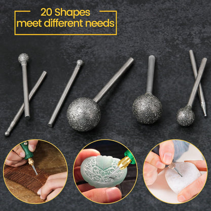 Stone Carving Set Diamond Burr Bits Compatible with Dremel, 20PCS Polishing Kits Rotary Tools Accessories with 2.35mm 3mm Shank Round Shape for Carving, Engraving, Grinding, Stone, Rocks, Jewelry
