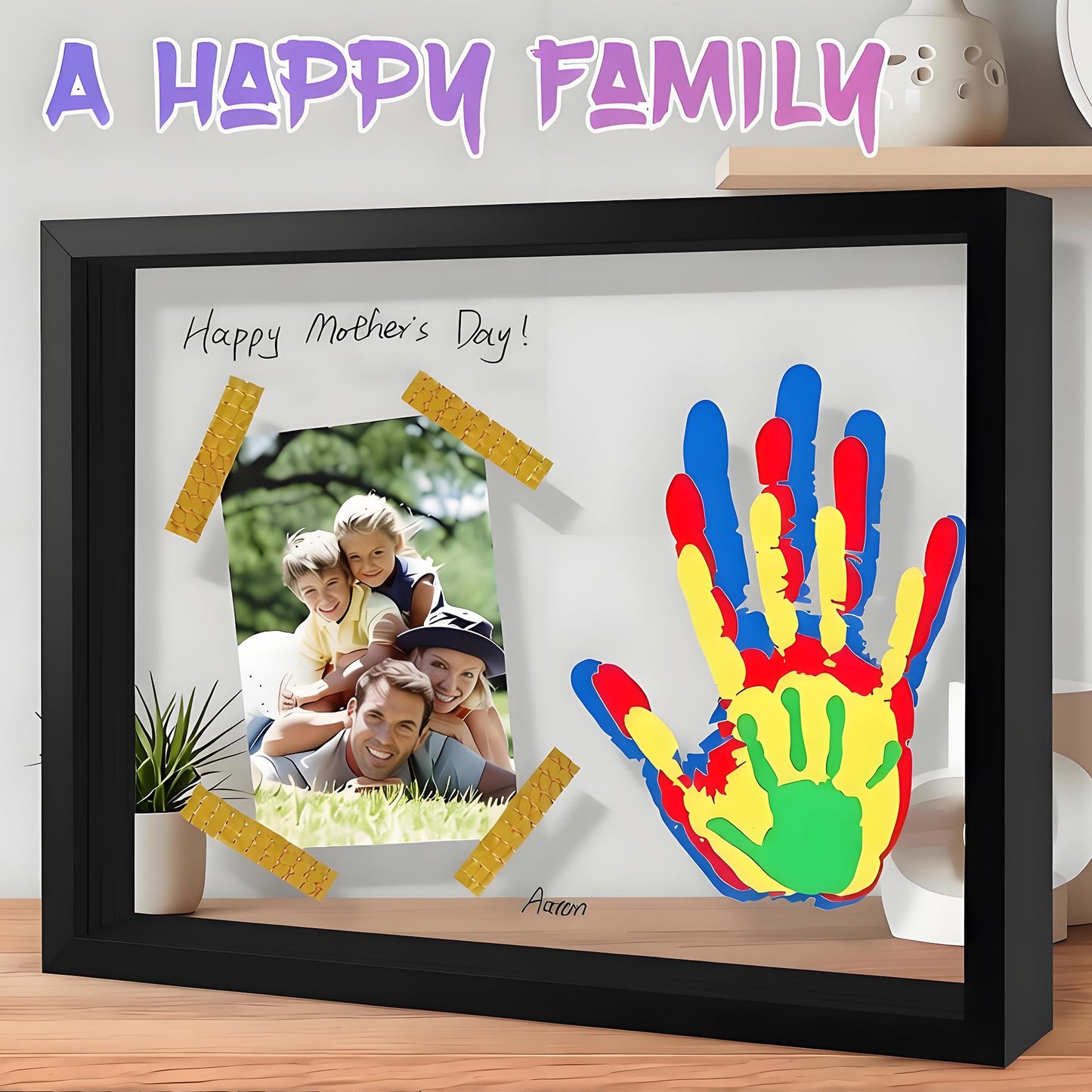 Family Handprint Keepsake Frame Kit with Photo Display – DIY 3D Floating Layered Design for Mom, Dad and Baby – Safe Non-Toxic Paint Set for Footprints – Perfect Baby Shower Gifts, New Parents Couples Keepsake, Home Decor 13.1x9.6 Inch (Black)