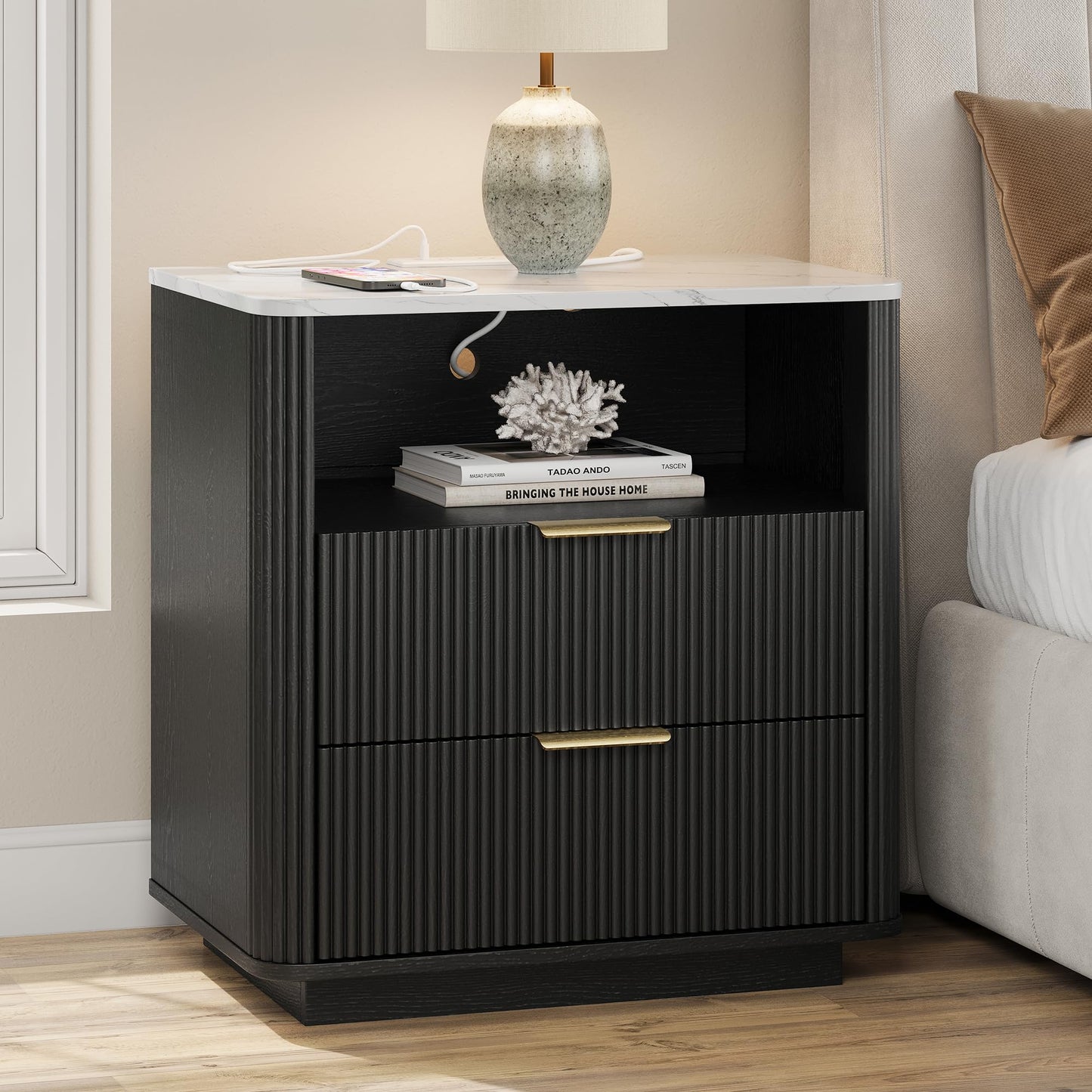 Fluted Nightstand with Charging Station, Bedside Table with Storage & Drawers, Faux Marble-Top, Modern Mid Century Bedside End Table with Drawer, Large Nightstand for Bedroom, Living Room, Black
