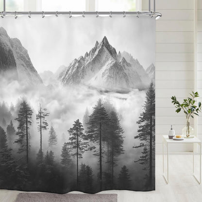 Riyidecor Misty Shower Curtain, 72" x 72" Foggy Snow Mountain Scenery for Bathroom Decor with 12 Pack Hooks