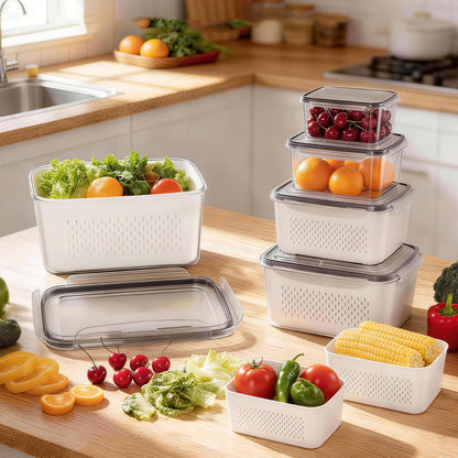 HOMETALL 5 Pack Fruit Storage Containers for Fridge, Plastic Fruit Containers for Fridge with Removable Colanders, Leakproof Fridge Organizers and Storage for Berry Vegetable Salad Lettuce Meat Food