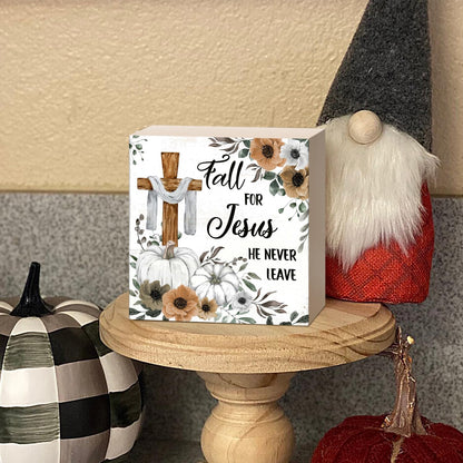 Christian Sign Fall Decor, Rustic Wood Box Desk Decor for Living Room and Bedroom, 5x5 Inch "Fall for Jesus He Never