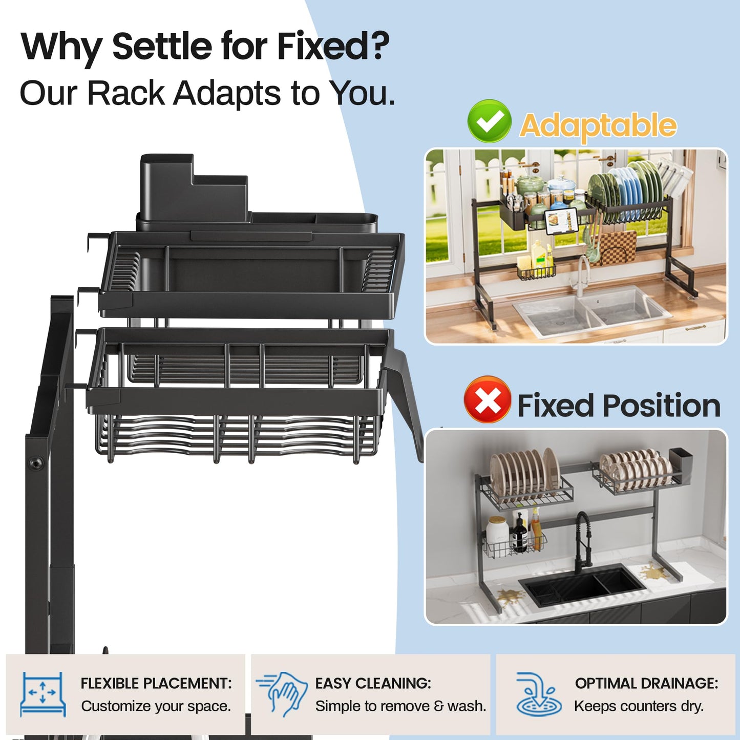 ADBIU Over The Sink Dish Drying Rack (Expandable Height and Length) Snap-On Design 2 Tier Large Dish Rack