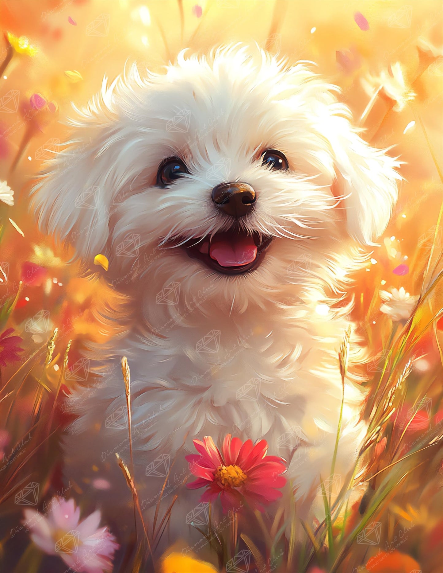 DIAMOND ART CLUB Fields of Joy - Maltese Diamond Painting Kit, Fun DIY Crafts for Adults, Round Diamond Art Canvas, 13" x 17" (33 cm x 42.7 cm)
