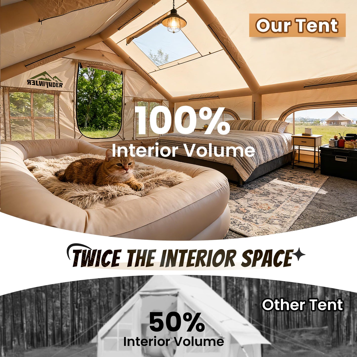 Inflatable Tent with Skylight, Quick Setup Blow Up Tents with Pump, Waterproof Oxford Inflatable House for Camping, Hot Tent with Stove Jack, Air Glamping Tents for Camping Adult 10-12 Person