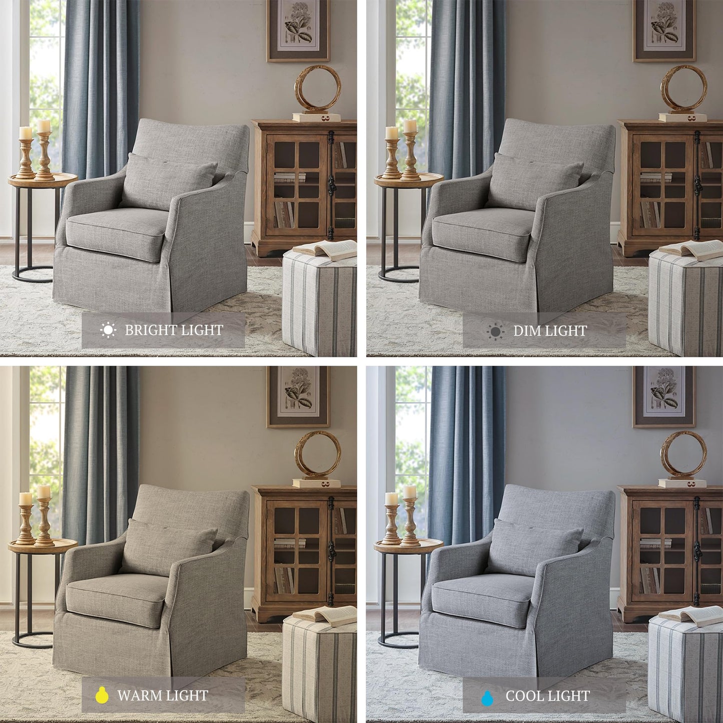 Martha Stewart London Swivel Chair - Solid Wood & Plywood, Skirted Metal Base Accent Armchair, Lumbar Pillow -Modern Classic Family Room Sofa Furniture Bedroom Lounge, 28"X31.5"X35.25", Grey