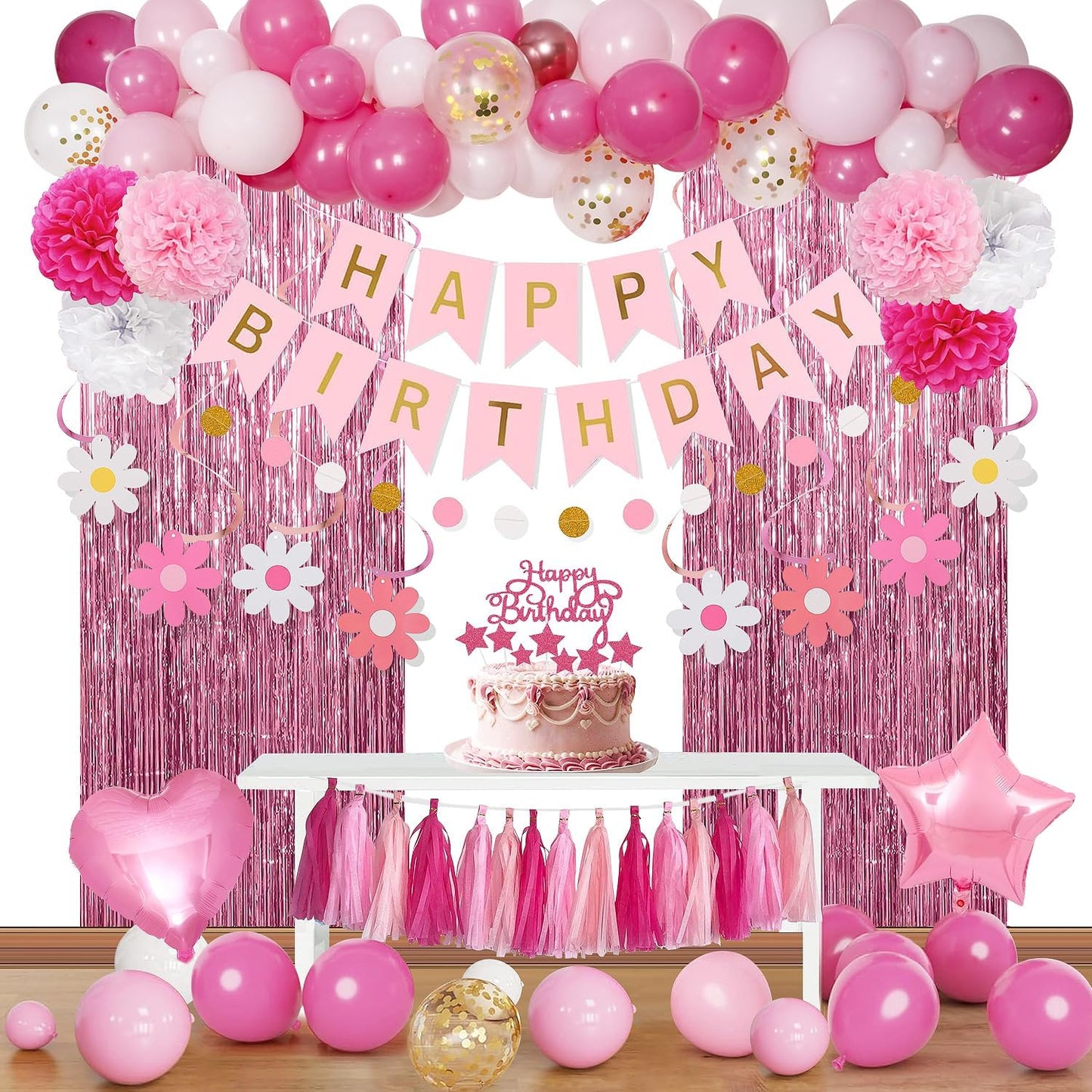 Regine Switzerland Pink Happy Birthday Party Decorations Kit - Banners, Balloons & Cake Topper