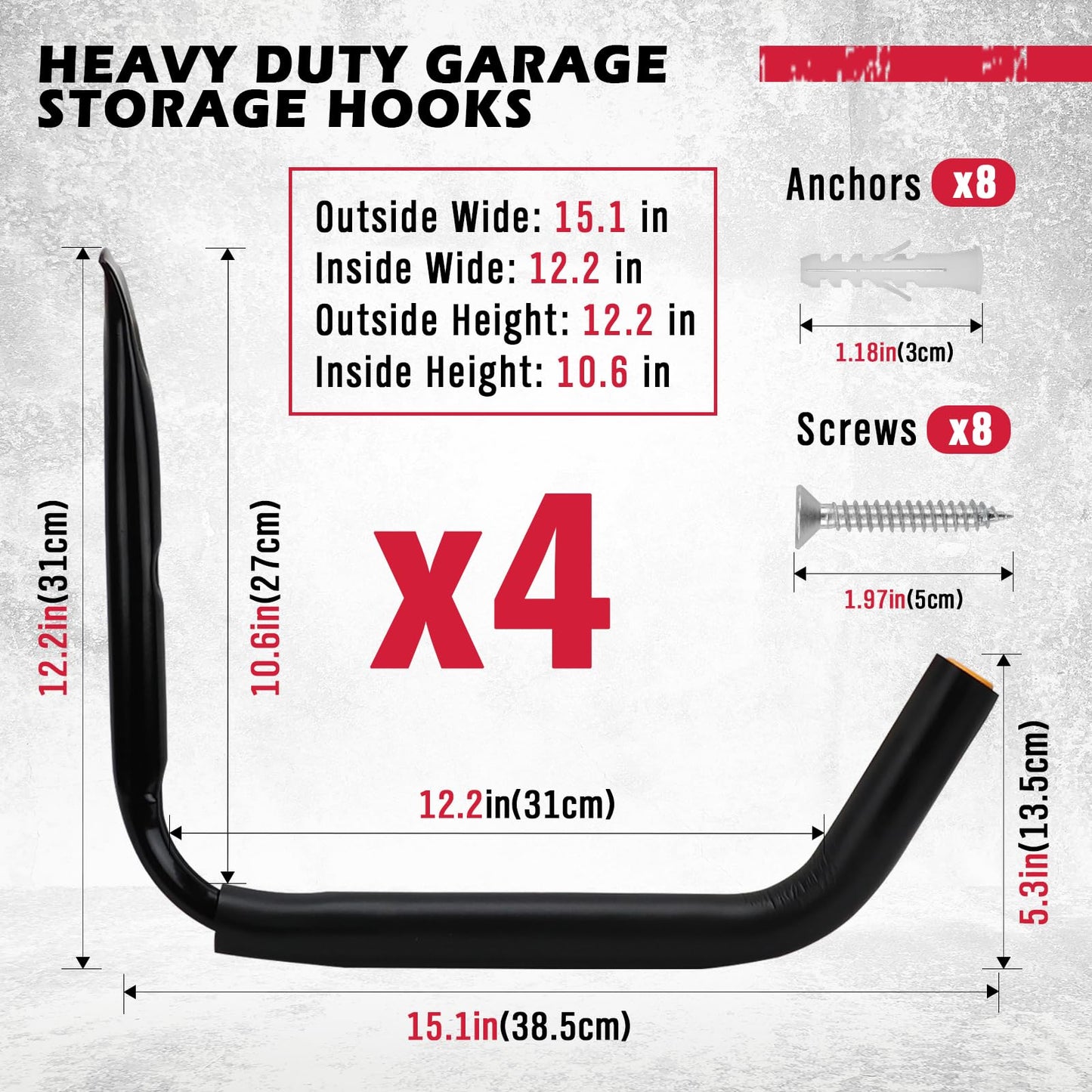 SEDY 4-Piece 15" 100 Lbs Heavy Duty Garage Storage Hooks, Kayak Storage Rack Garage Hooks Jumbo Arm Kayak Wall Mount for Hanging Surfboard Snowboard Paddle Board Ladders Bikes