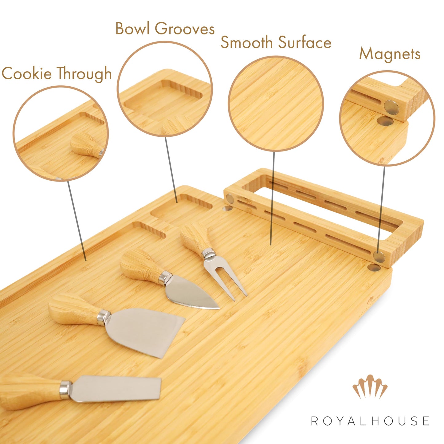 RoyalHouse Bamboo Cheese Board and Knife Set with Magnetic Holder - Serving Tray for Crackers, Meat, and Wine - Anniversary and Wedding Gift