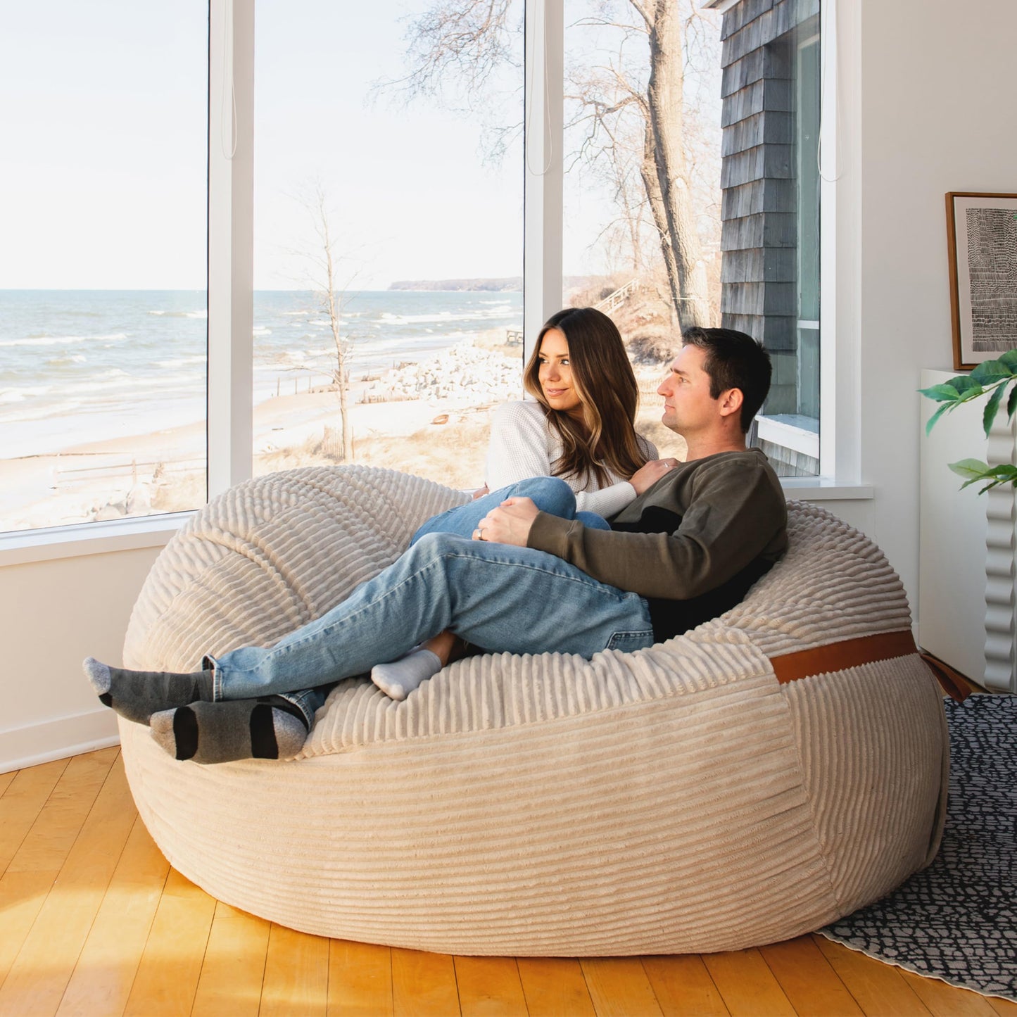 Big Joe Fuf 7Ft Giant Foam Bean Bag Chair, Oversized Couch with Removable Cover for Kids, Teens, Adults, Vanilla Latte Corded Plush, 7 Foot
