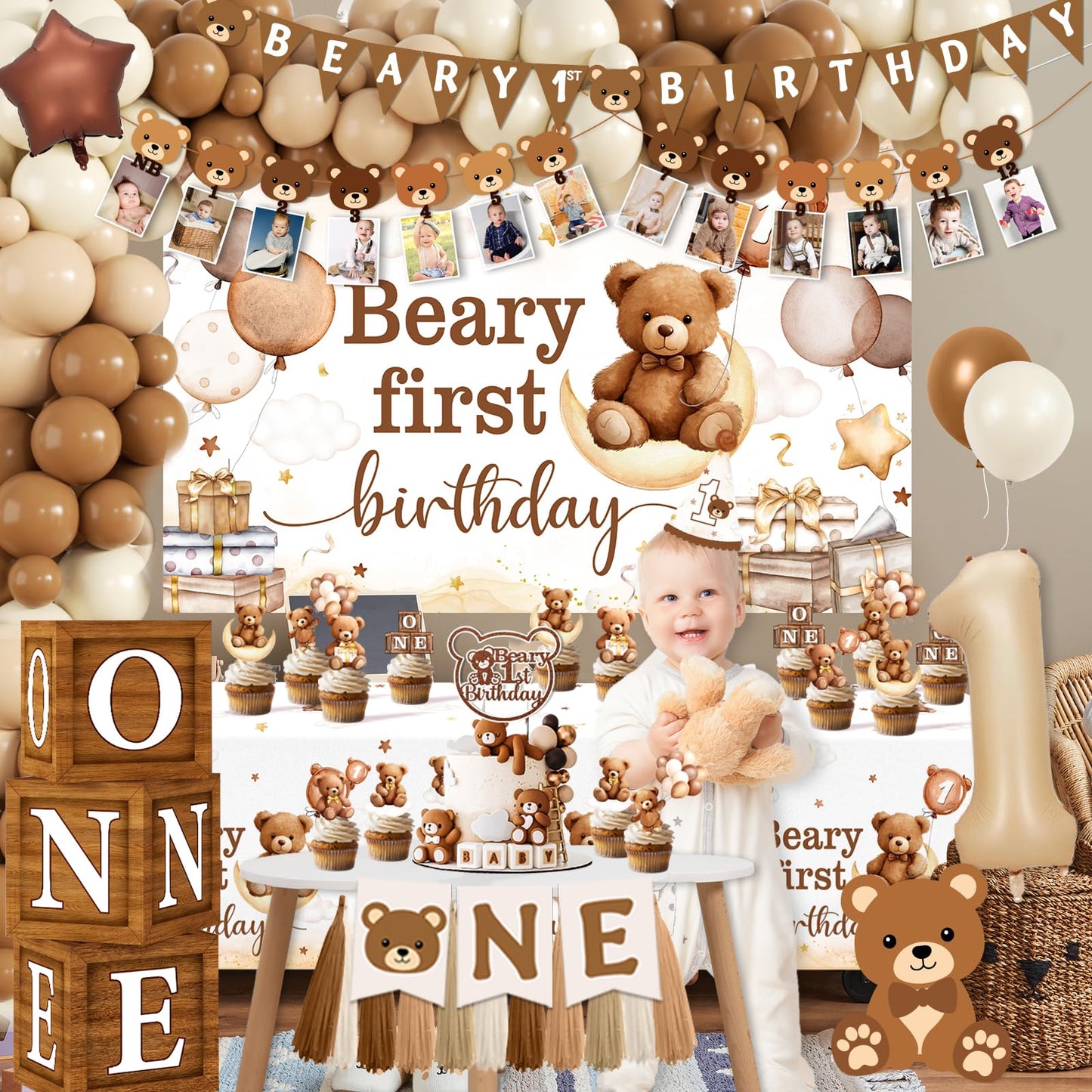 Beary First Birthday Decorations,147pcs Bear Birthday Decorations Brown Bear Birth Day Banner Backdrop High Chair Banner Tablecloth Cake Topper Box Balloon Garland for My 1st birthday Decorations