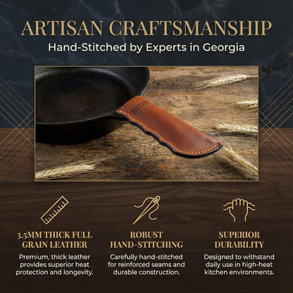 Proudly Made in Georgia from Full Grain Leather - Leather Cast Iron Handle Cover, Set of 2 - Heat Resistant Cast Iron Handle Sleeve for Skillets - Pot Holder for Hot Frying Pans, Pots