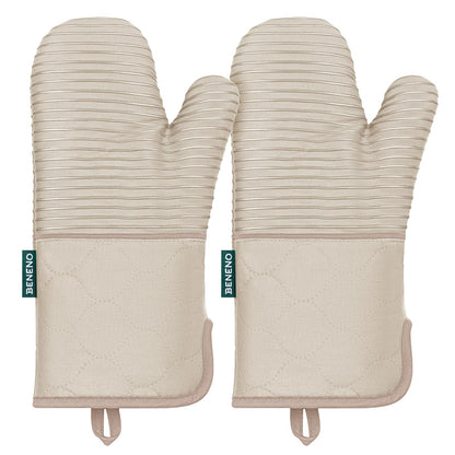 Beneno Kitchen Oven Mitts 2-Pack Heat Resistant to 500°F with Non-Slip Silicone Grip, Extra Long 14.3" Forearm Protection, Soft Quilted Cotton Terry Lining, Ideal for Cooking, Baking, Grilling, Beige