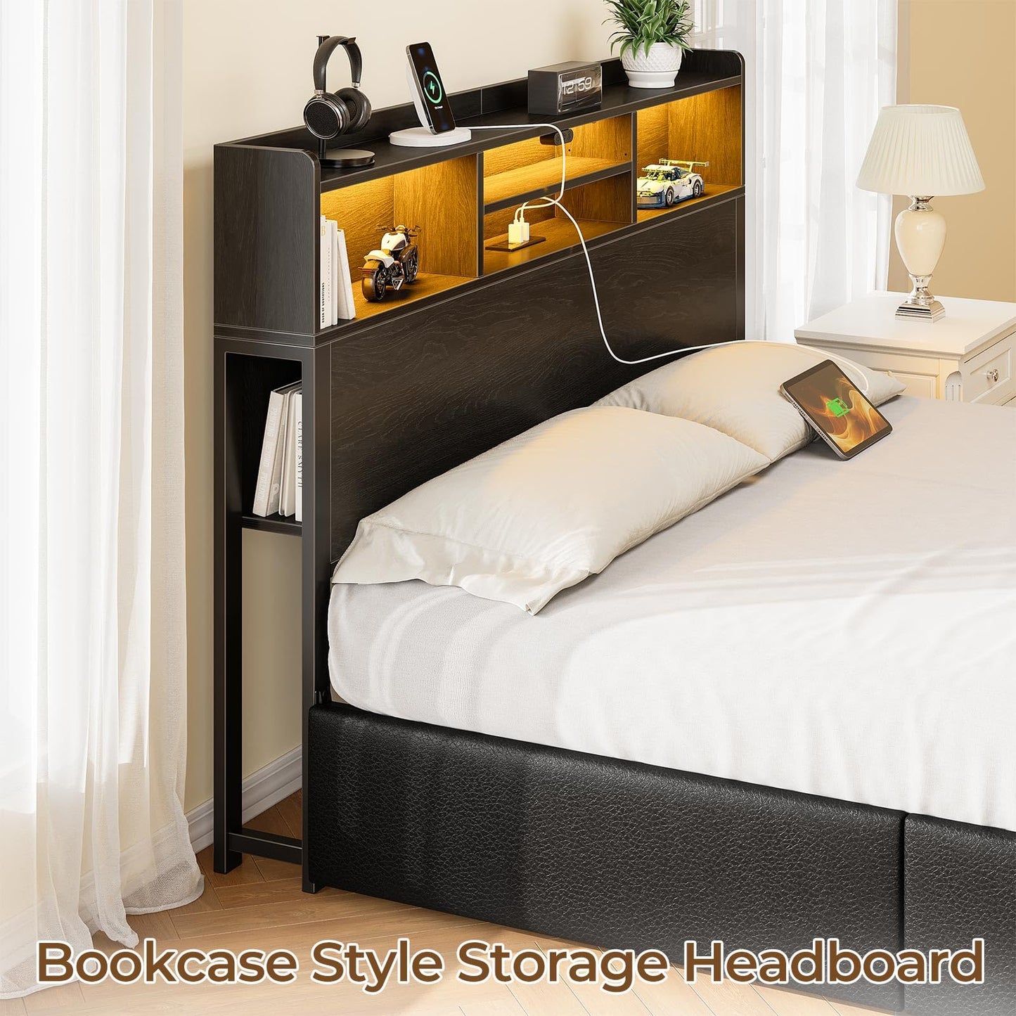 Rolanstar Full Bed Frame with Storage,4-Drawer Platform Bed with USB Charging Station,Built in LED Lights and Bookcase Headboard,No Box Spring Needed,Easy Assembly,Noise-Free,Black