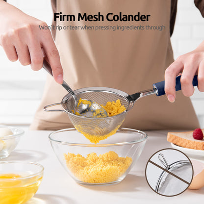 18/8 Stainless Steel Mesh Strainer: U-Taste 3.9 Inch Kitchen Fine Mesh Sieve Food Colander with Riveted Sturdy Silicone Handle and 30 Mesh Hole for Straining Flour, Quinoa, Tea, Juice (Midnight Blue)
