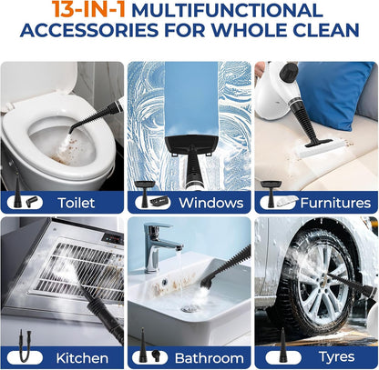 Skiennix Steam Cleaner - Pressurized Handheld Deep Cleaning Steamer with 13 Accessories | Portable Multi-Purpose for Home, Car, and Upholstery - White