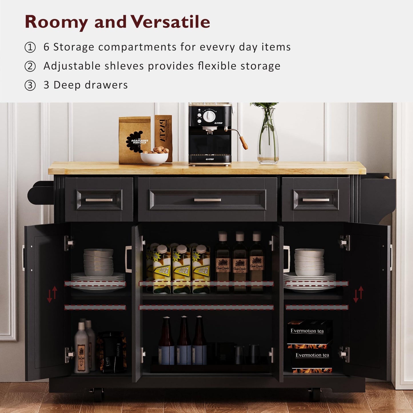 Ball & Cast Large Kitchen Island with Rubber Wood Drop Leaf,Embossed Texture Rolling Kitchen Cart On 4 Wheels W/4 Doors & 3 Drawers,Mobile Kitchen Islands W/ Storage for Kitchen,Dining Room,Black,54"