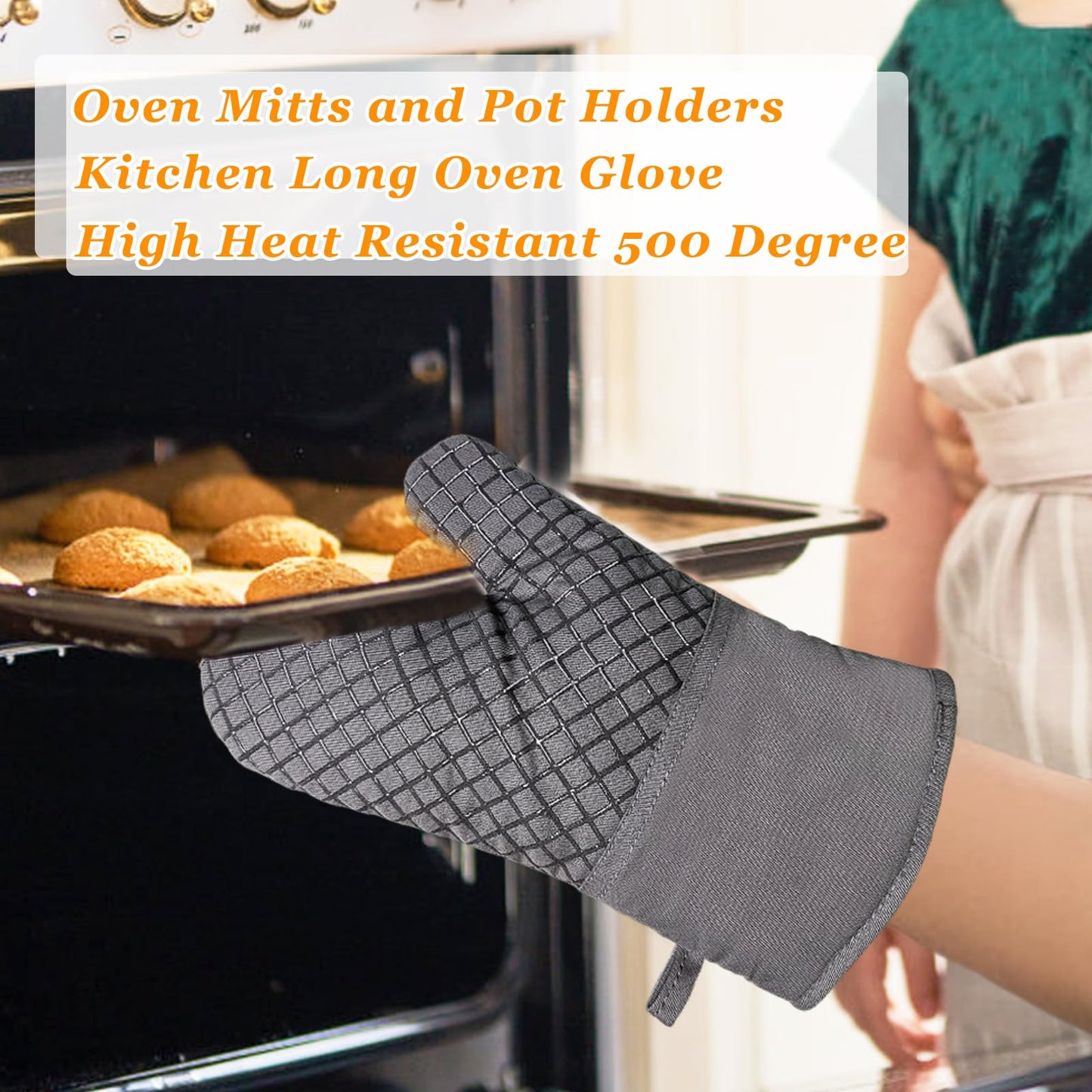 4 Pcs Oven Mitts and Pot Holders,Kitchen Long Oven Glove High Heat Resistant 500 Degree,Extra Thicken Oven Mitts and Potholder with Non-Slip Silicone Surface for Baking,Grilling,Cooking(Grey)