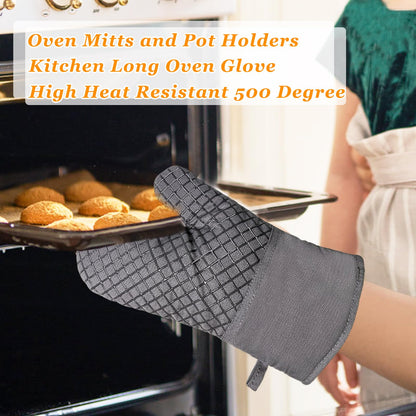 4 Pcs Oven Mitts and Pot Holders,Kitchen Long Oven Glove High Heat Resistant 500 Degree,Extra Thicken Oven Mitts and Potholder with Non-Slip Silicone Surface for Baking,Grilling,Cooking(Grey)