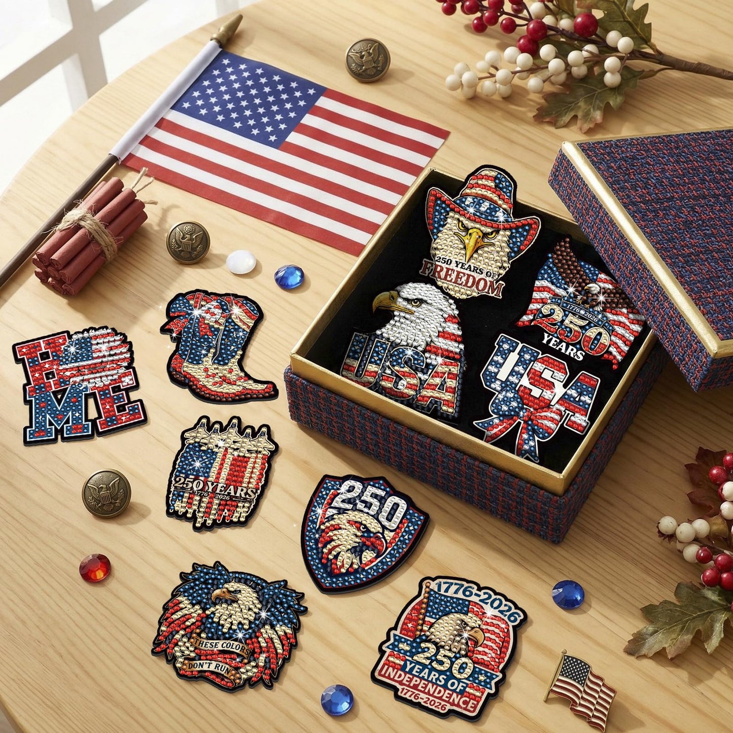Chapou 20 Pcs 4th of July Patriotic Diamond Art Magnets 250th Anniversary Eagle Diamond Painting Magnets Memorial Day Red White Blue American Flag Magnetic Gem Art Stickers Kits for Adults DIY Decor