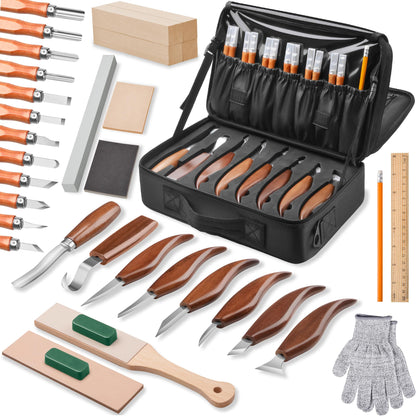 Olerqzer 35-in-1 Wood Carving Kit, Wood Whittling Kit for Beginners, Whittling Knife Set & Carving Tools with Large Storage Bag, Ideal for Spoon Carving, DIY Wood Projects