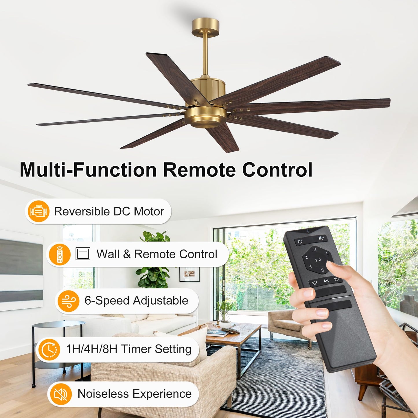 WINGBO 72" Ceiling Fan without Light, Modern Large Ceiling Fan with Remote Control, 6-Speed Reversible Noiseless DC Motor, Gold and Black/Walnut Blades for Living Room, Bedroom & Covered Outdoor
